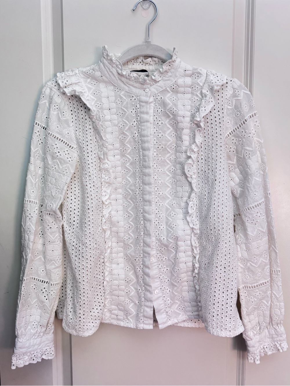 Zara white eyelet crochet long sleeve blouse with ruffles